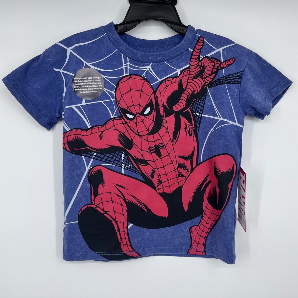 Marvel Spider-Man T-Shirt Kids 2T Blue Mineral Wash Graphic Tee Superhero NEW